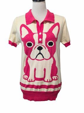 Oxknit Womens Sz XL Cream Pink French Bulldog Short Sleeve Knit Button Polo Top